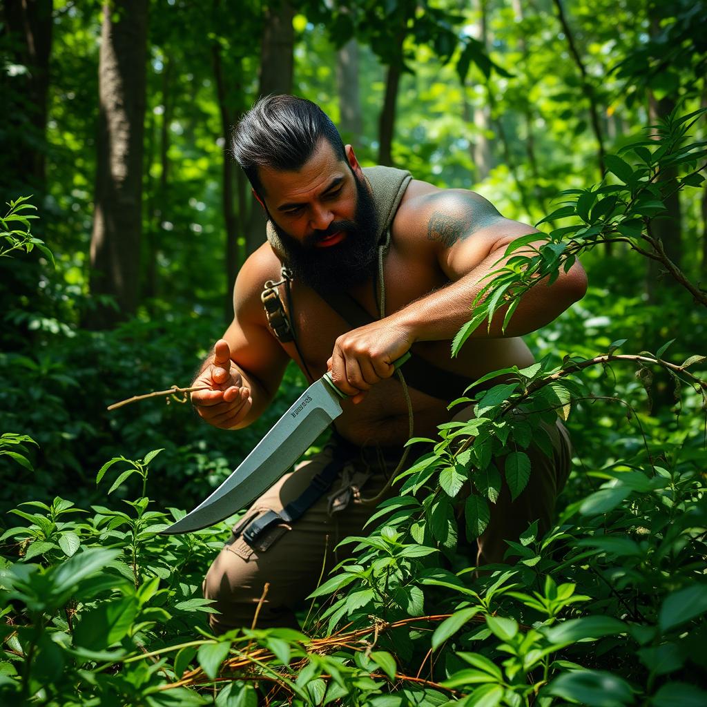 A robust man wielding a traditional bolo knife, skillfully cutting through thick, lush vegetation in a vibrant green forest