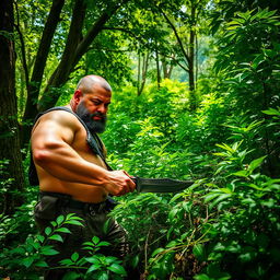 A robust man wielding a traditional bolo knife, skillfully cutting through thick, lush vegetation in a vibrant green forest