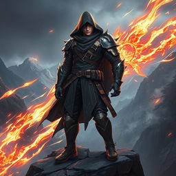 A powerful fantasy warrior inspired by Sung Jin-woo from 'Only I Level Up', dressed in modern yet tactical battle gear that includes a dark cloak, sharp armor, and glowing rune inscriptions