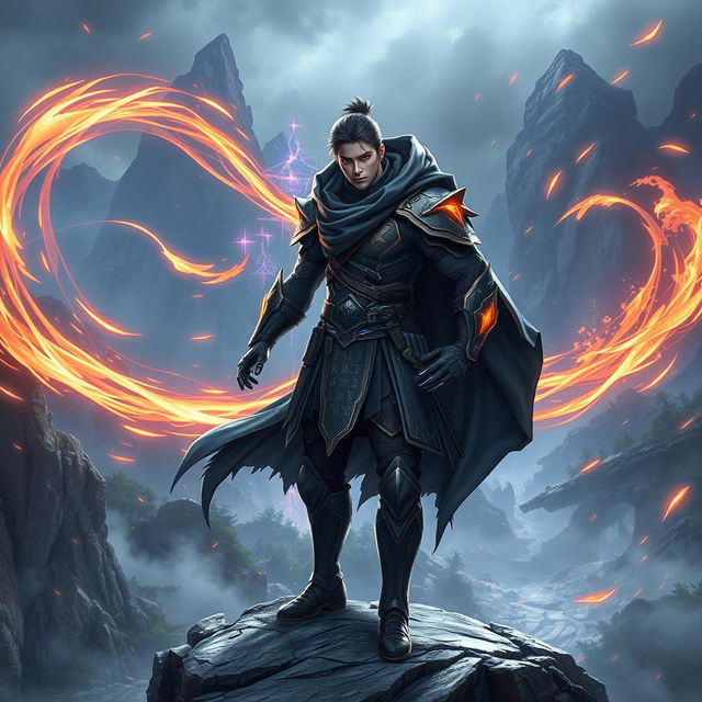 A powerful fantasy warrior inspired by Sung Jin-woo from 'Only I Level Up', dressed in modern yet tactical battle gear that includes a dark cloak, sharp armor, and glowing rune inscriptions