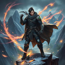 A powerful fantasy warrior inspired by Sung Jin-woo from 'Only I Level Up', dressed in modern yet tactical battle gear that includes a dark cloak, sharp armor, and glowing rune inscriptions