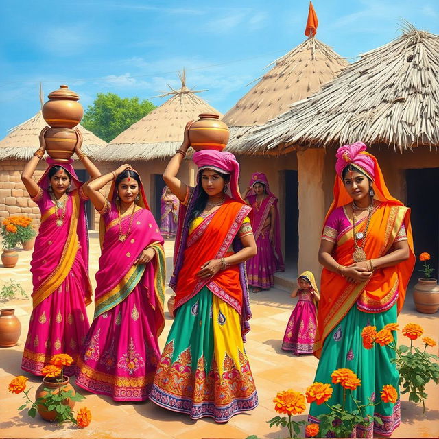 A vibrant scene depicting Rajasthani women in a traditional village setting