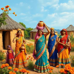 A vibrant scene depicting Rajasthani women in a traditional village setting