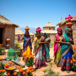 A vibrant scene depicting Rajasthani women in a traditional village setting