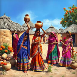 A vibrant scene depicting Rajasthani women in a traditional village setting