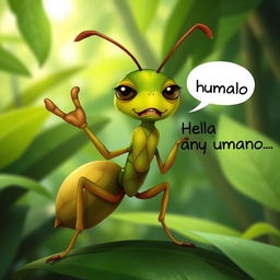 A slightly annoyed leafcutter ant with a playful expression, standing on its hind legs, waving its tiny antennae and saying "Hola humano"