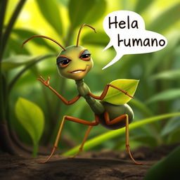 A slightly annoyed leafcutter ant with a playful expression, standing on its hind legs, waving its tiny antennae and saying "Hola humano"