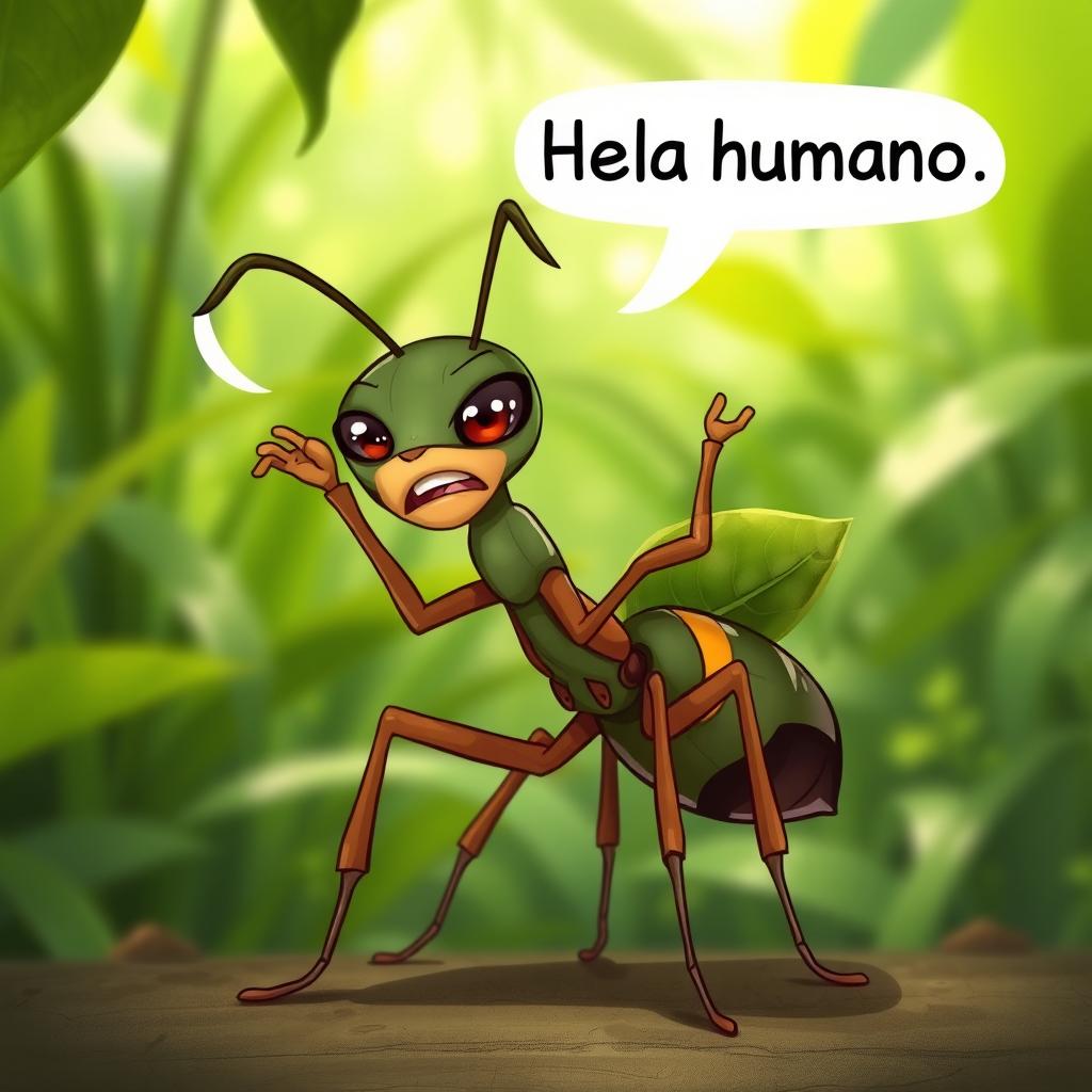 A slightly annoyed leafcutter ant with a playful expression, standing on its hind legs, waving its tiny antennae and saying "Hola humano"