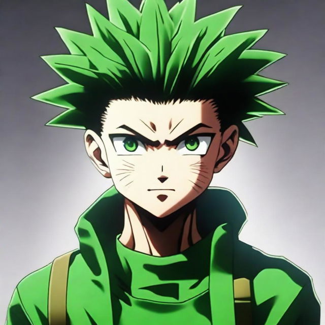 A high-quality, photographic representation of Gon Freecss from Hunter x Hunter as a real-life individual