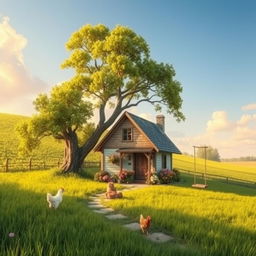 A serene village scenery featuring a small cozy home surrounded by lush green fields