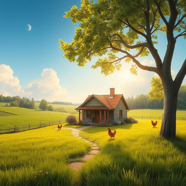 A serene village scenery featuring a small cozy home surrounded by lush green fields