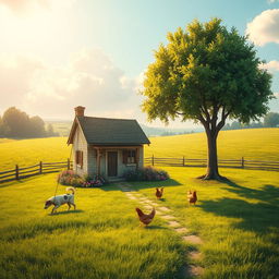 A serene village scenery featuring a small cozy home surrounded by lush green fields