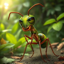 A slightly annoyed leafcutter ant with a detailed expression, showcasing its distinctive features such as prominent mandibles and vibrant green and brown body