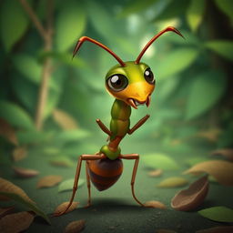 A slightly annoyed leafcutter ant with a detailed expression, showcasing its distinctive features such as prominent mandibles and vibrant green and brown body