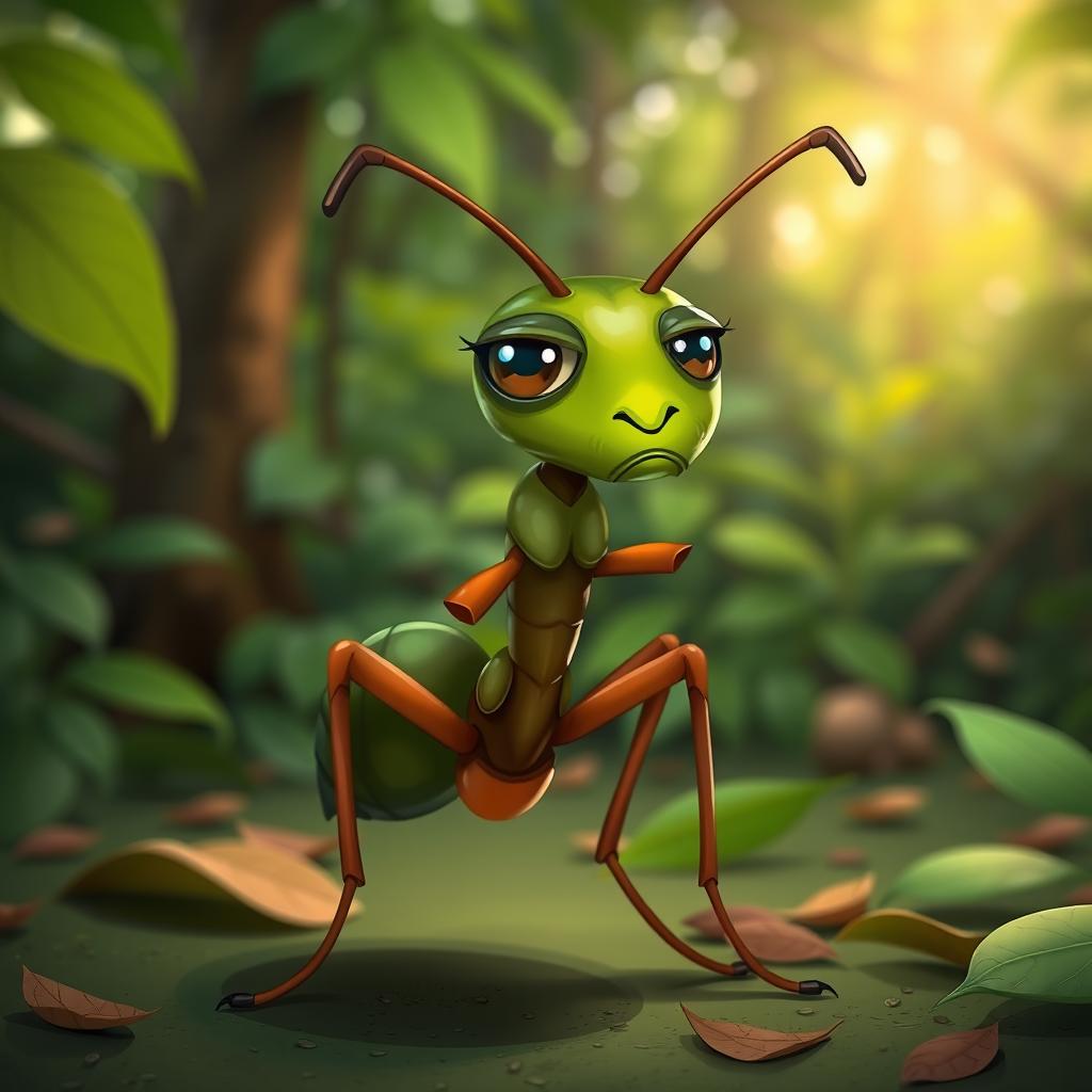 A slightly annoyed leafcutter ant with a detailed expression, showcasing its distinctive features such as prominent mandibles and vibrant green and brown body