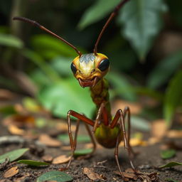 A slightly annoyed leafcutter ant with a detailed expression, showcasing its distinctive features such as prominent mandibles and vibrant green and brown body