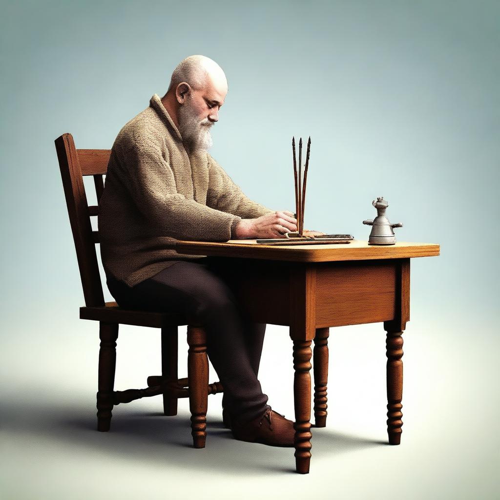 A digital art image of high quality, featuring a man sitting at a table