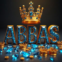 A luxurious representation of the name "ABBAS" written in large, ornate letters with a shiny blue gem-like texture, resembling precious stones