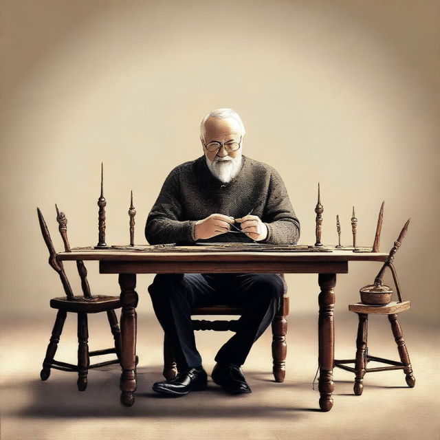 A digital art image of high quality, featuring a man sitting at a table