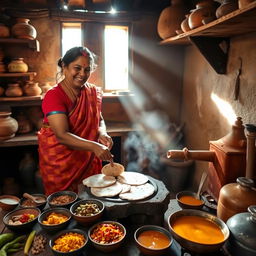 Radha, a traditional Indian woman dressed in a vibrant saree, lights a clay stove in a rustic kitchen filled with wooden shelves and earthen pots