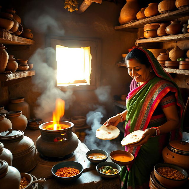 Radha, a traditional Indian woman dressed in a vibrant saree, lights a clay stove in a rustic kitchen filled with wooden shelves and earthen pots