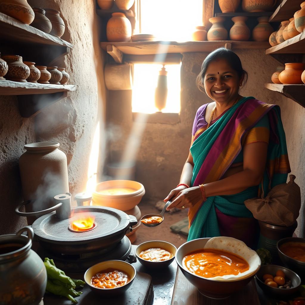 Radha, a traditional Indian woman dressed in a vibrant saree, lights a clay stove in a rustic kitchen filled with wooden shelves and earthen pots