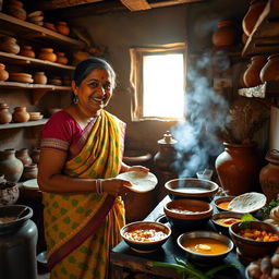 Radha, a traditional Indian woman dressed in a vibrant saree, lights a clay stove in a rustic kitchen filled with wooden shelves and earthen pots
