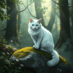 A majestic white cat with striking blue eyes, embodying the essence of the Mearcstapa, a mythical being from folklore