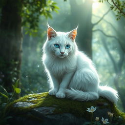 A majestic white cat with striking blue eyes, embodying the essence of the Mearcstapa, a mythical being from folklore