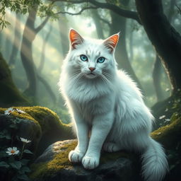 A majestic white cat with striking blue eyes, embodying the essence of the Mearcstapa, a mythical being from folklore