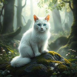 A majestic white cat with striking blue eyes, embodying the essence of the Mearcstapa, a mythical being from folklore