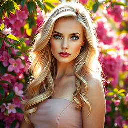 A beautiful blonde woman with striking blue eyes, exuding elegance and charm