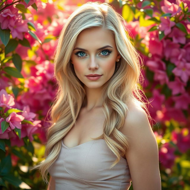 A beautiful blonde woman with striking blue eyes, exuding elegance and charm