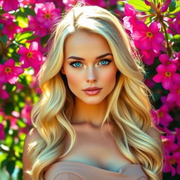 A beautiful blonde woman with striking blue eyes, exuding elegance and charm