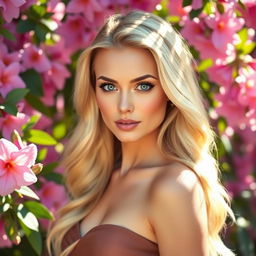 A beautiful blonde woman with striking blue eyes, exuding elegance and charm