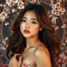 A beautiful Asian woman posing confidently in a tasteful artistic setting, adorned with intricate floral patterns and soft lighting that highlights her graceful features