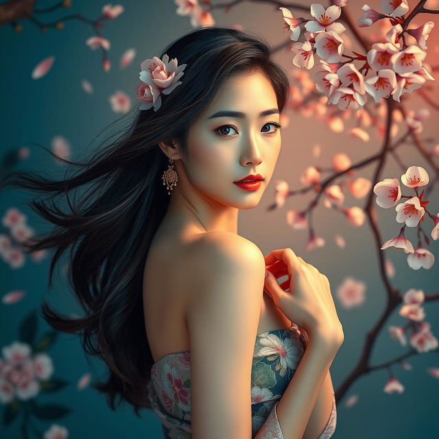 A beautiful Asian woman posing confidently in a tasteful artistic setting, adorned with intricate floral patterns and soft lighting that highlights her graceful features