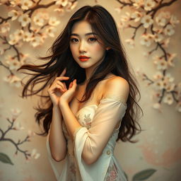 A beautiful Asian woman posing confidently in a tasteful artistic setting, adorned with intricate floral patterns and soft lighting that highlights her graceful features