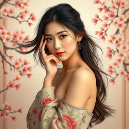 A beautiful Asian woman posing confidently in a tasteful artistic setting, adorned with intricate floral patterns and soft lighting that highlights her graceful features