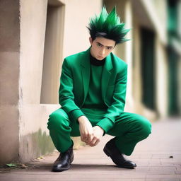 A high-quality, realistic photograph captures a human cosplayer embodying the character of Gon Freecss