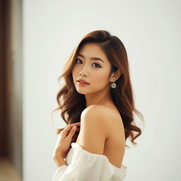 A beautiful and graceful Asian woman posed artistically in an elegant manner, showcasing her natural beauty