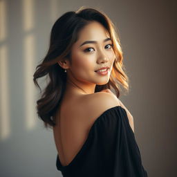 A beautiful and graceful Asian woman posed artistically in an elegant manner, showcasing her natural beauty