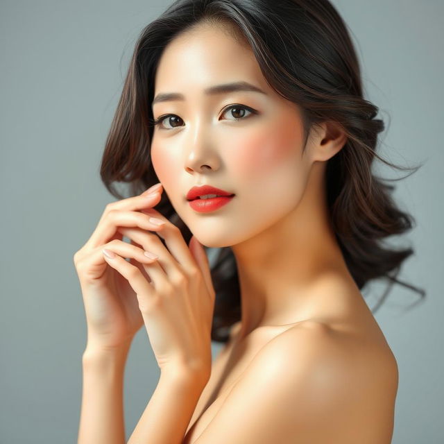 A beautiful and graceful Asian woman posed artistically in an elegant manner, showcasing her natural beauty