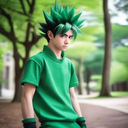 A high-quality, realistic photograph captures a human cosplayer embodying the character of Gon Freecss