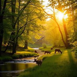 A serene forest scene at sunrise, with golden light filtering through lush green leaves