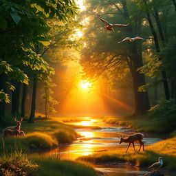 A serene forest scene at sunrise, with golden light filtering through lush green leaves