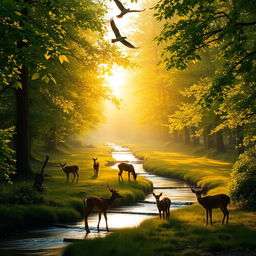A serene forest scene at sunrise, with golden light filtering through lush green leaves