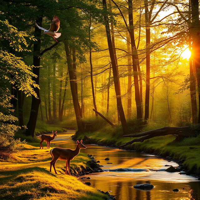 A serene forest scene at sunrise, with golden light filtering through lush green leaves