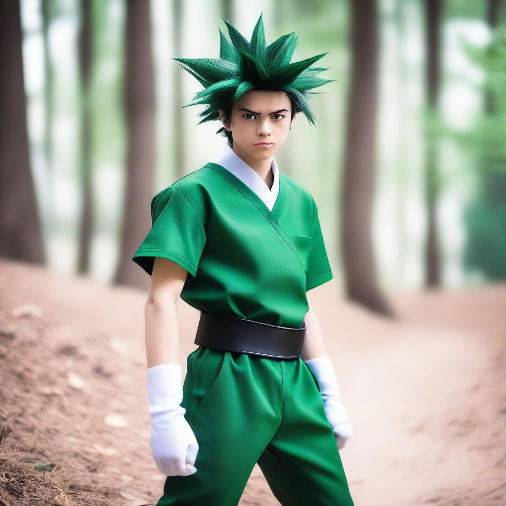 The image is a striking, high-resolution photograph of a cosplayer portraying Gon Freecss