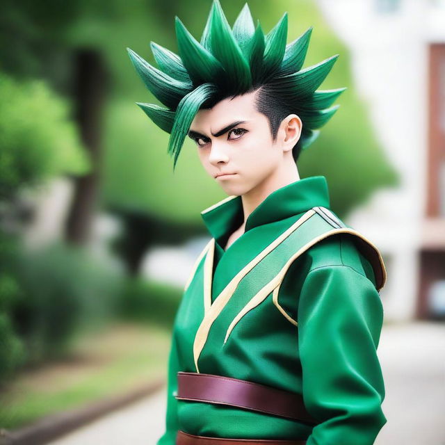 The image is a striking, high-resolution photograph of a cosplayer portraying Gon Freecss